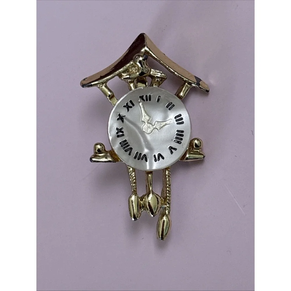 Vintage Mother of Pearl Gold Tone Cuckoo Clock Brooch Pin